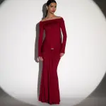 Maxi Long Sleeve Dress With Dropped Shoulders And Straps Decorated With Gold Detail - Burgundy - Image 2