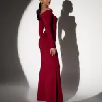 Maxi Long Sleeve Dress With Dropped Shoulders And Straps Decorated With Gold Detail - Burgundy - Image 4