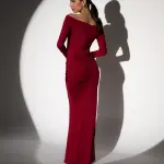 Maxi Long Sleeve Dress With Dropped Shoulders And Straps Decorated With Gold Detail - Burgundy - Image 5