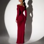 Maxi Long Sleeve Dress With Dropped Shoulders And Straps Decorated With Gold Detail - Burgundy - Image 6