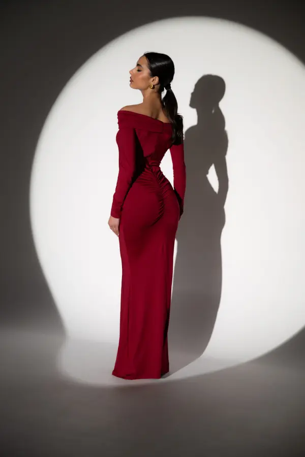 Maxi Long Sleeve Dress With Dropped Shoulders And Straps Decorated With Gold Detail - Burgundy - Image 6