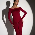 Maxi Long Sleeve Dress With Dropped Shoulders And Straps Decorated With Gold Detail - Burgundy