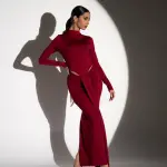 Co-Ord Set - Long Sleeve High Waisted Bodysuit And Maxi Skirt With Belt Detail