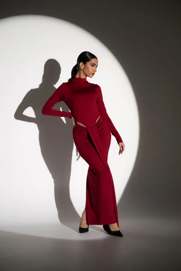 Co-Ord Set - Long Sleeve High Waisted Bodysuit And Maxi Skirt With Belt Detail