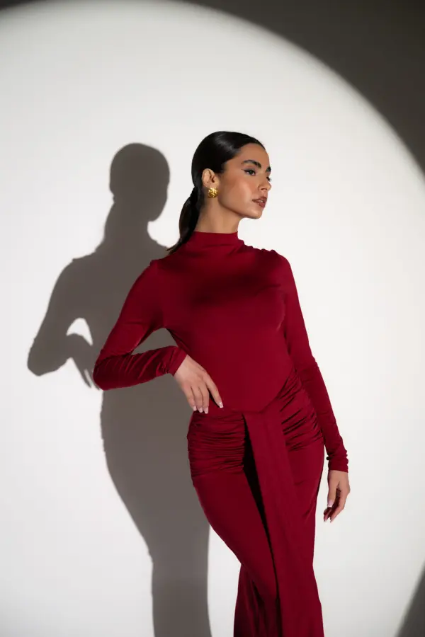 Co-Ord Set - Long Sleeve High Waisted Bodysuit And Maxi Skirt With Belt Detail - Image 3