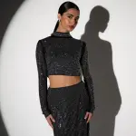 Co-Ord Set Decorated With Rhinestones And Mirrors - Long Sleeve Top With Maxi Skirt - Image 2