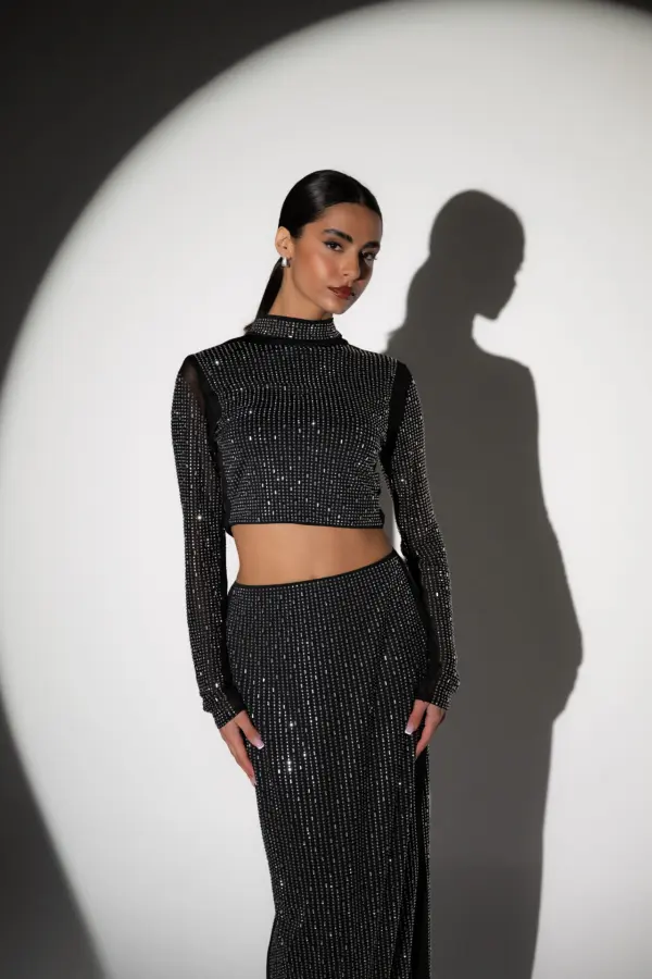 Co-Ord Set Decorated With Rhinestones And Mirrors - Long Sleeve Top With Maxi Skirt - Image 2