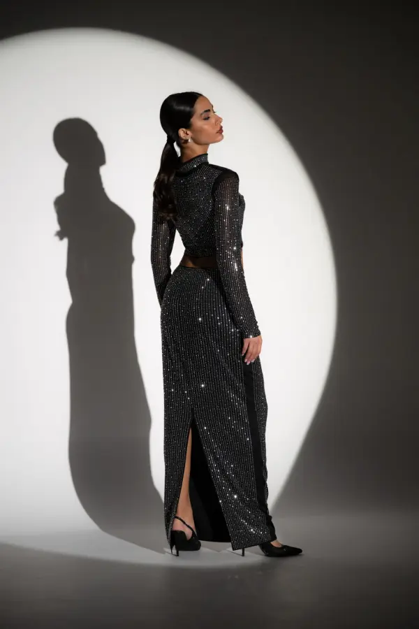 Co-Ord Set Decorated With Rhinestones And Mirrors - Long Sleeve Top With Maxi Skirt - Image 4