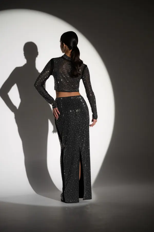 Co-Ord Set Decorated With Rhinestones And Mirrors - Long Sleeve Top With Maxi Skirt - Image 5