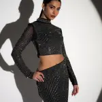 Co-Ord Set Decorated With Rhinestones And Mirrors - Long Sleeve Top With Maxi Skirt