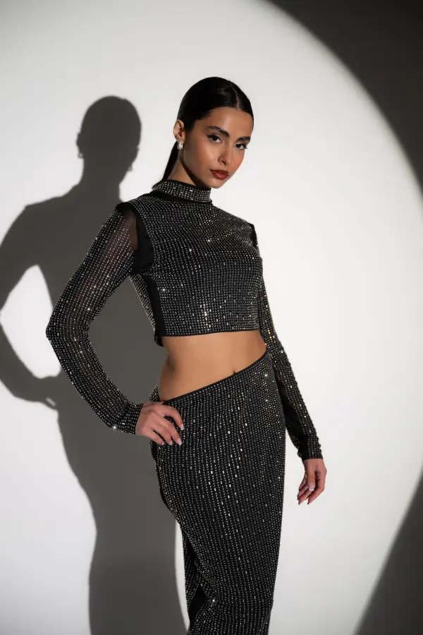 Co-Ord Set Decorated With Rhinestones And Mirrors - Long Sleeve Top With Maxi Skirt