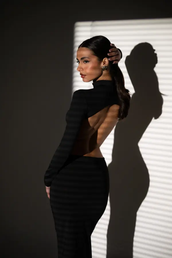 Midi Long Sleeve Dress With High Neck And Open Back - Image 6