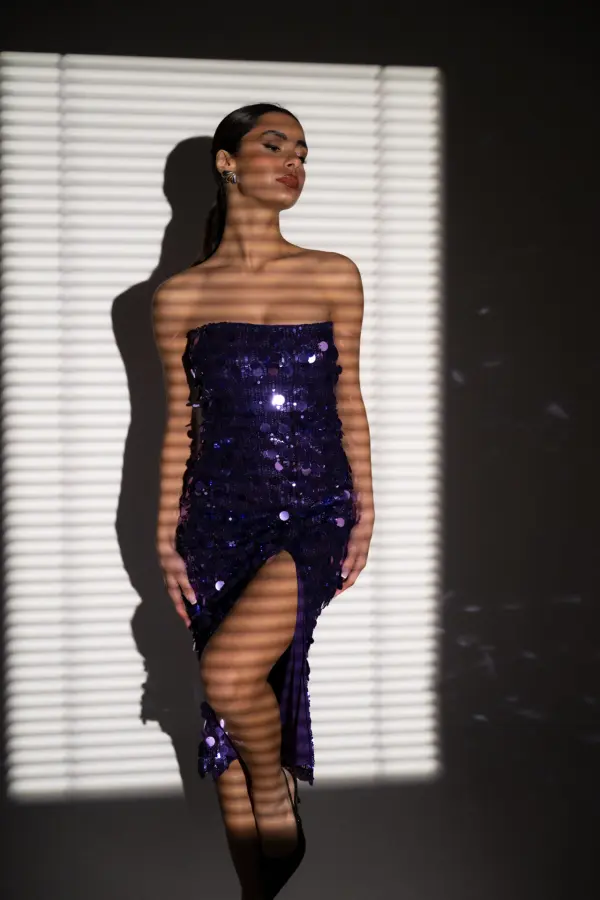 Midi Fitted Dress Decorated With Sequins - Purple - Image 5