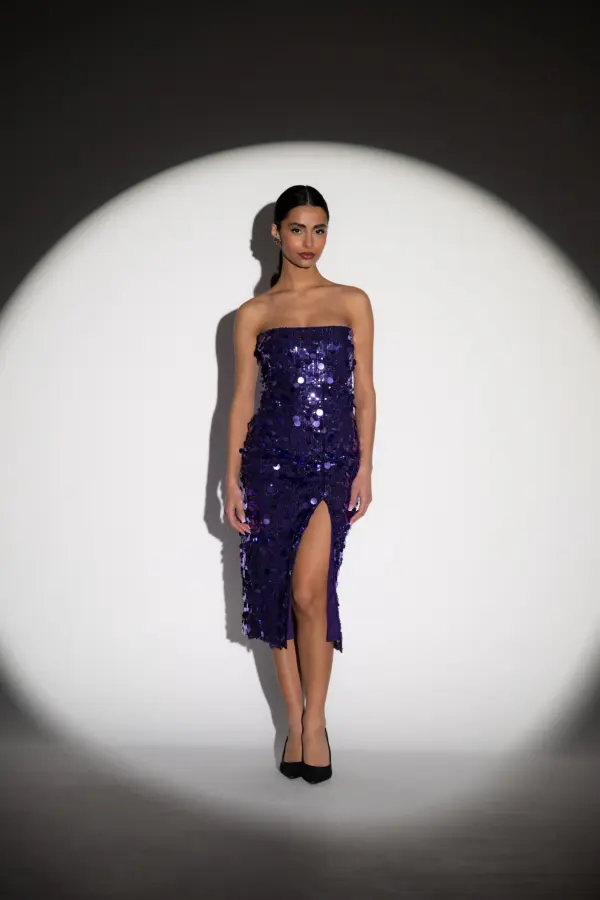 Midi Fitted Dress Decorated With Sequins - Purple