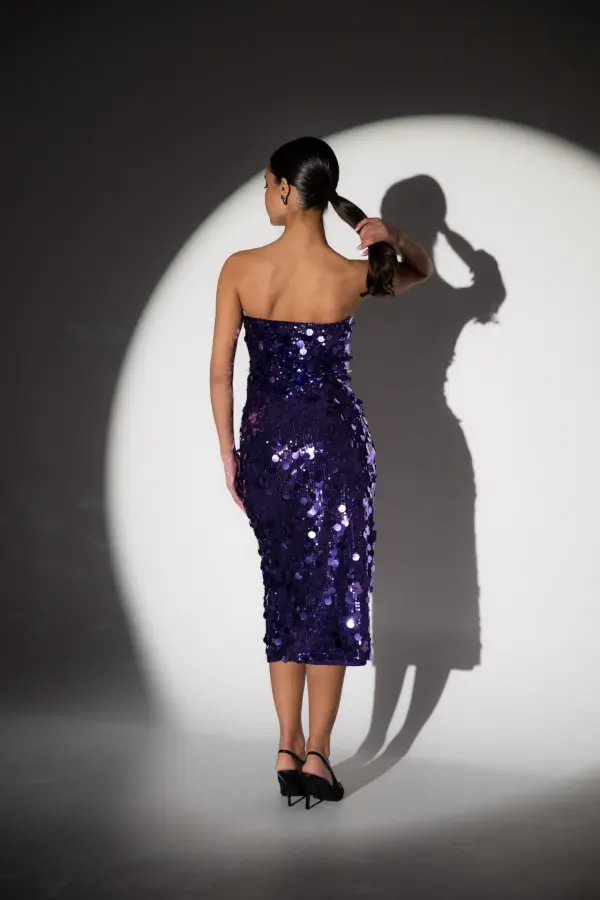 Midi Fitted Dress Decorated With Sequins - Purple - Image 4