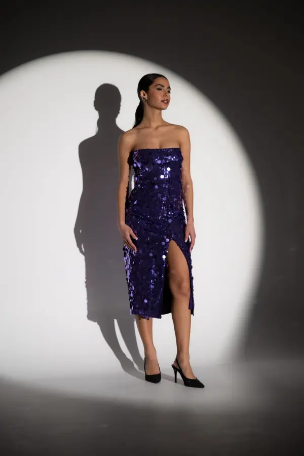 Midi Fitted Dress Decorated With Sequins - Purple - Image 3