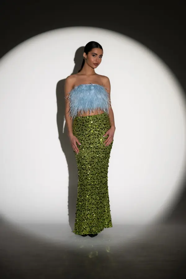 FEATHER TOUCH Strapless Top Decorated With Feathers - Light Blue - Image 7