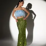 FEATHER TOUCH Strapless Top Decorated With Feathers - Light Blue - Image 4