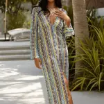 Colorful Crochet Maxi Long-Sleeved Dress With V Detail/Open On The Chest- Green - Image 2