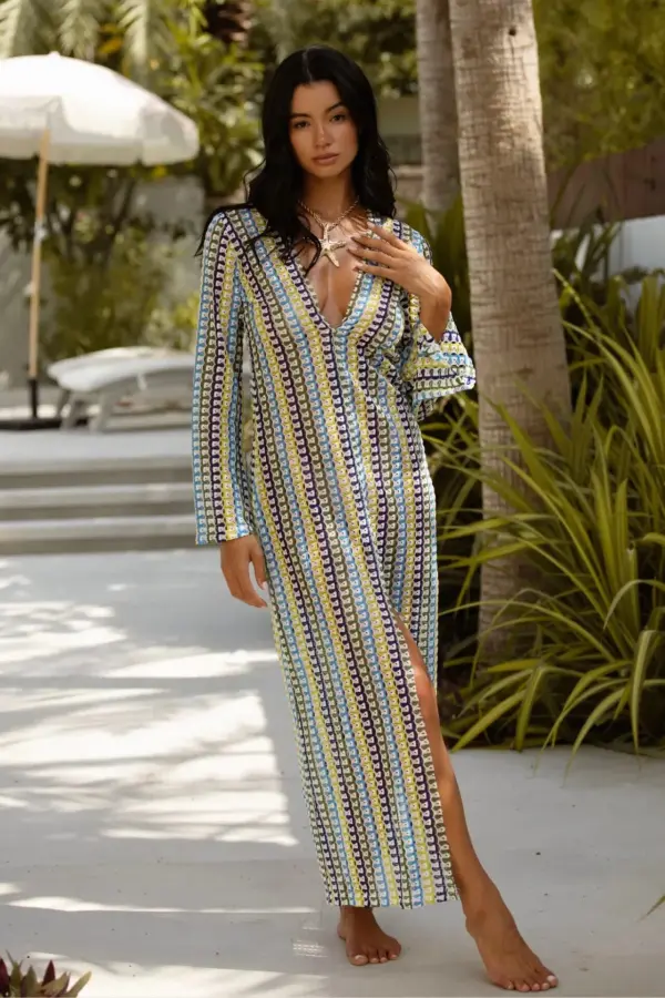 Colorful Crochet Maxi Long-Sleeved Dress With V Detail/Open On The Chest- Green - Image 2