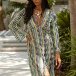 Colorful Crochet Maxi Long-Sleeved Dress With V Detail/Open On The Chest- Green