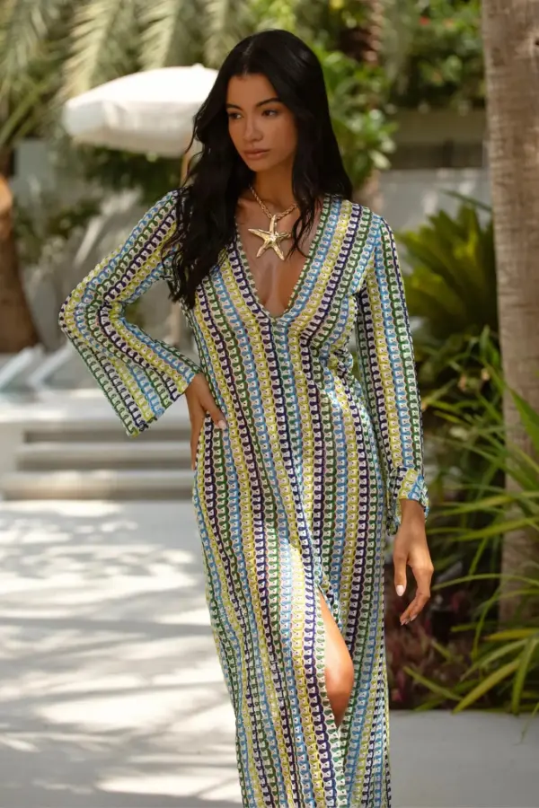 Colorful Crochet Maxi Long-Sleeved Dress With V Detail/Open On The Chest- Green