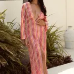 Colorful Crochet Maxi Long-Sleeved Dress With V Detail/Open On The Chest- Fuchsia - Image 3