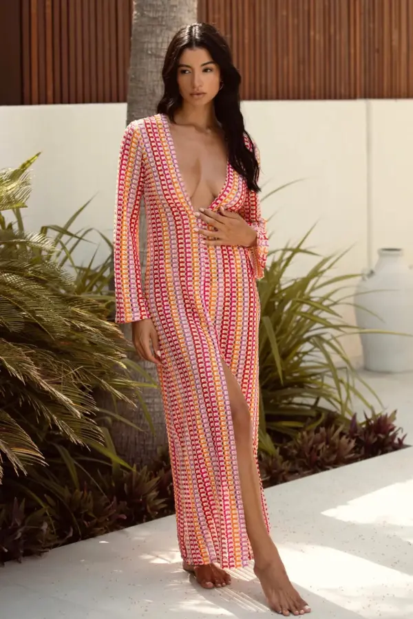 Colorful Crochet Maxi Long-Sleeved Dress With V Detail/Open On The Chest- Fuchsia - Image 3