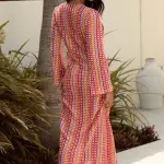 Colorful Crochet Maxi Long-Sleeved Dress With V Detail/Open On The Chest- Fuchsia - Image 2