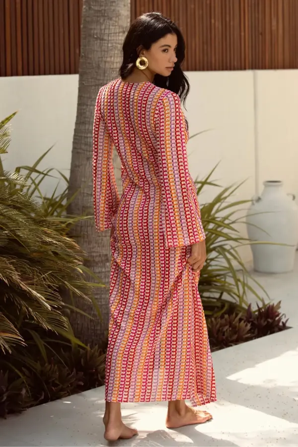 Colorful Crochet Maxi Long-Sleeved Dress With V Detail/Open On The Chest- Fuchsia - Image 2