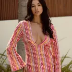 Colorful Crochet Maxi Long-Sleeved Dress With V Detail/Open On The Chest- Fuchsia