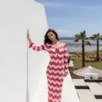 Two-Tone Crochet Maxi Long-Sleeve Kaftan/Dress With Perforated Details-Red