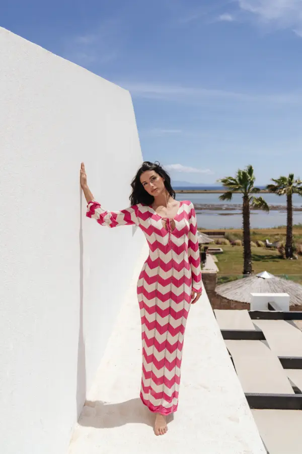 Two-Tone Crochet Maxi Long-Sleeve Kaftan/Dress With Perforated Details-Red