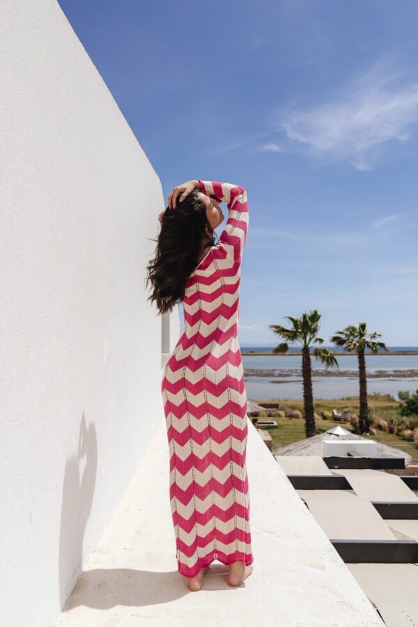 Two-Tone Crochet Maxi Long-Sleeve Kaftan/Dress With Perforated Details-Red - Image 2