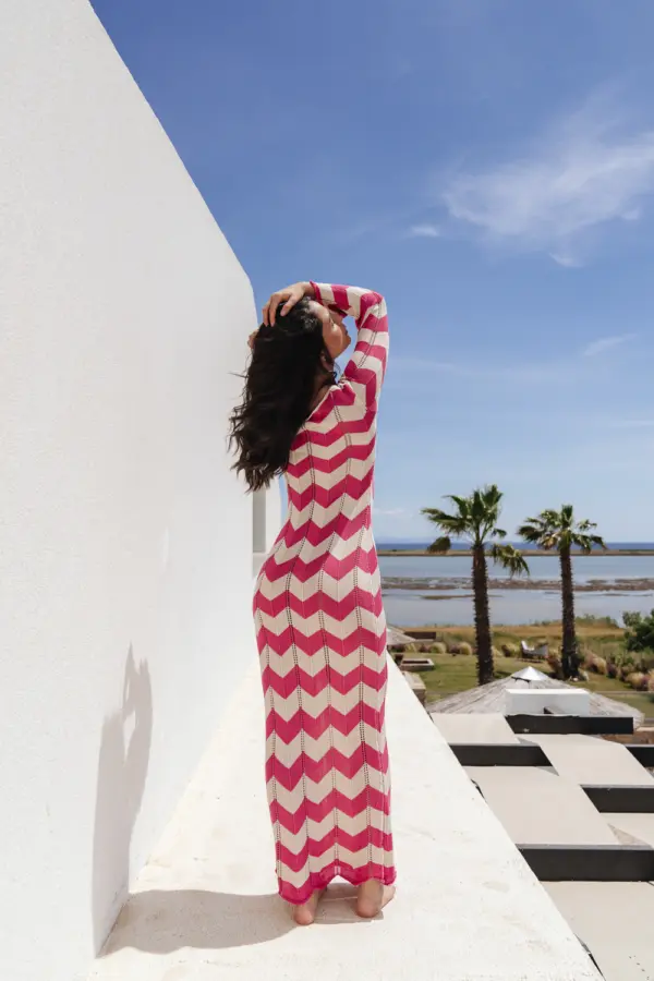 Two-Tone Crochet Maxi Long-Sleeve Kaftan/Dress With Perforated Details-Red - Image 2