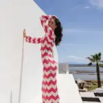Two-Tone Crochet Maxi Long-Sleeve Kaftan/Dress With Perforated Details-Red - Image 3