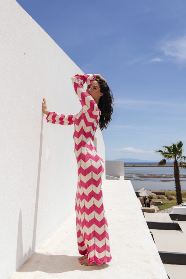 Two-Tone Crochet Maxi Long-Sleeve Kaftan/Dress With Perforated Details-Red - Image 3