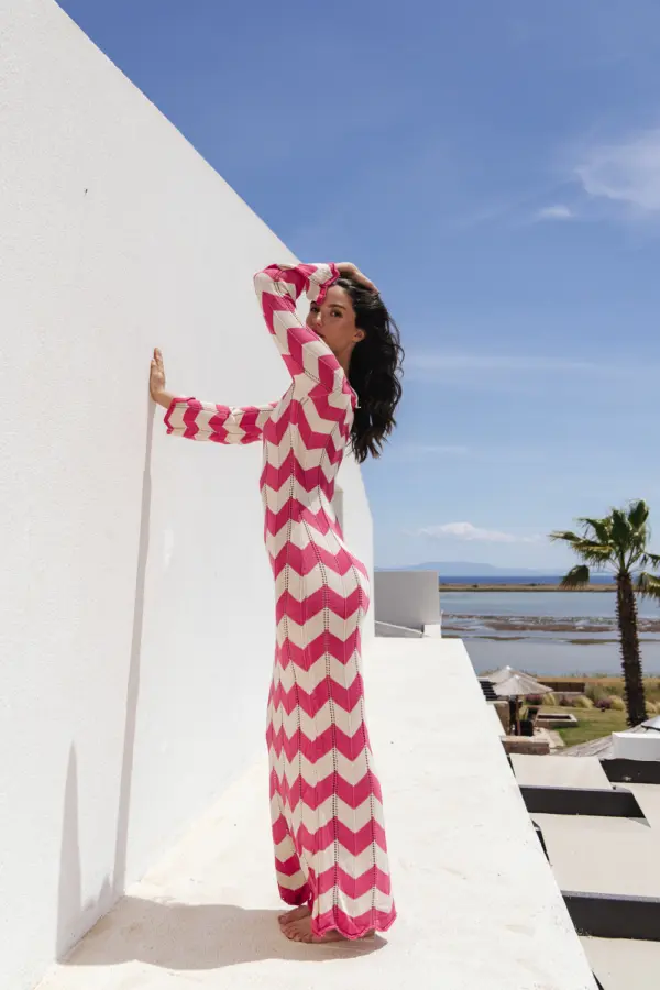 Two-Tone Crochet Maxi Long-Sleeve Kaftan/Dress With Perforated Details-Red - Image 3