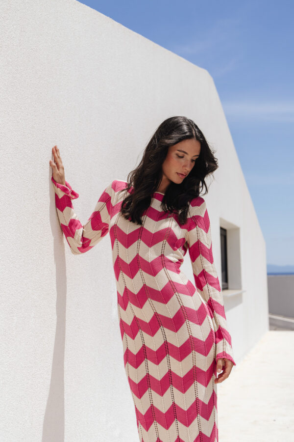 Two-Tone Crochet Maxi Long-Sleeve Kaftan/Dress With Perforated Details-Red - Image 4