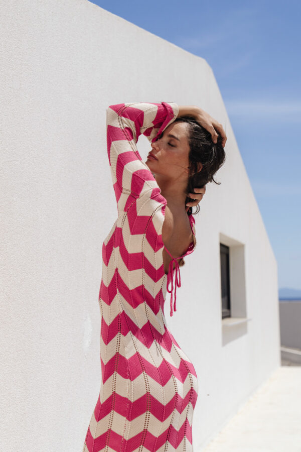 Two-Tone Crochet Maxi Long-Sleeve Kaftan/Dress With Perforated Details-Red - Image 5