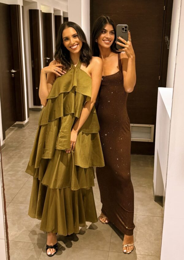Maxi Dress Decorated With Rhinestones And Mesh Straps- Brown - Image 7