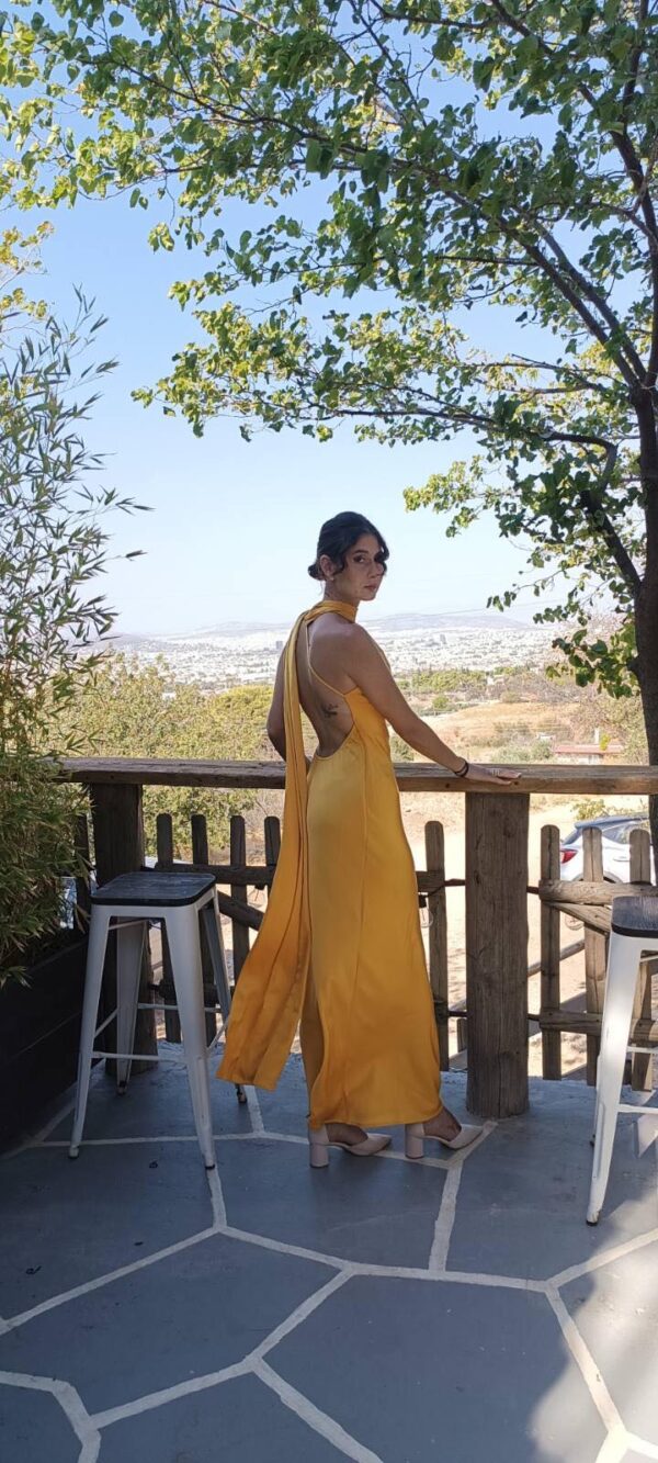 Maxi Satin Dress Tied At The Neck With Laces And Scarf - Image 4