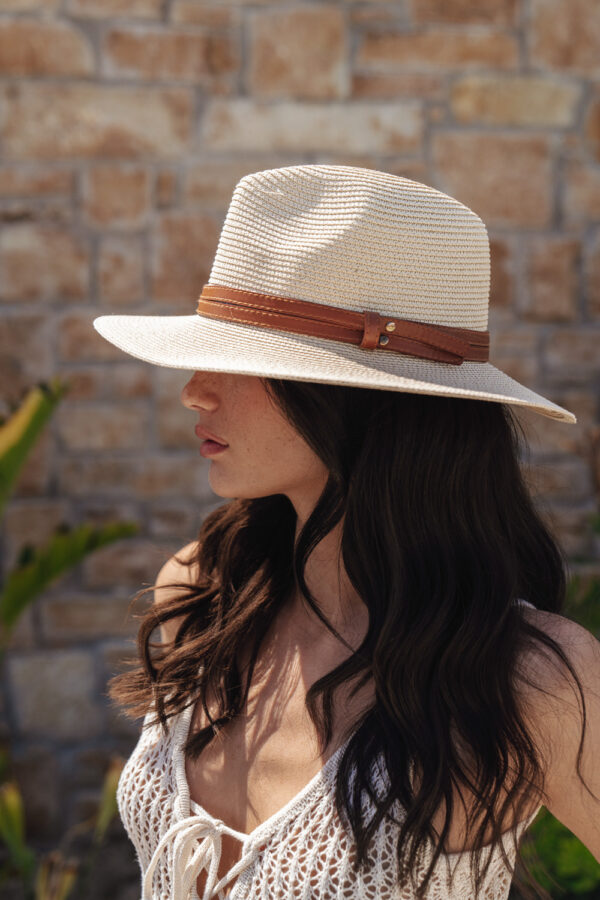 Hat Decorated With Two Rows Of Straps -Light Beige