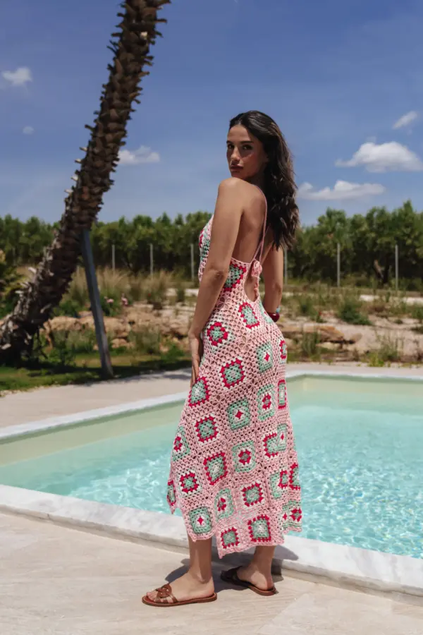 Maxi Handmade Knitted Coroful Asymmetric Dress With Straps - Image 2