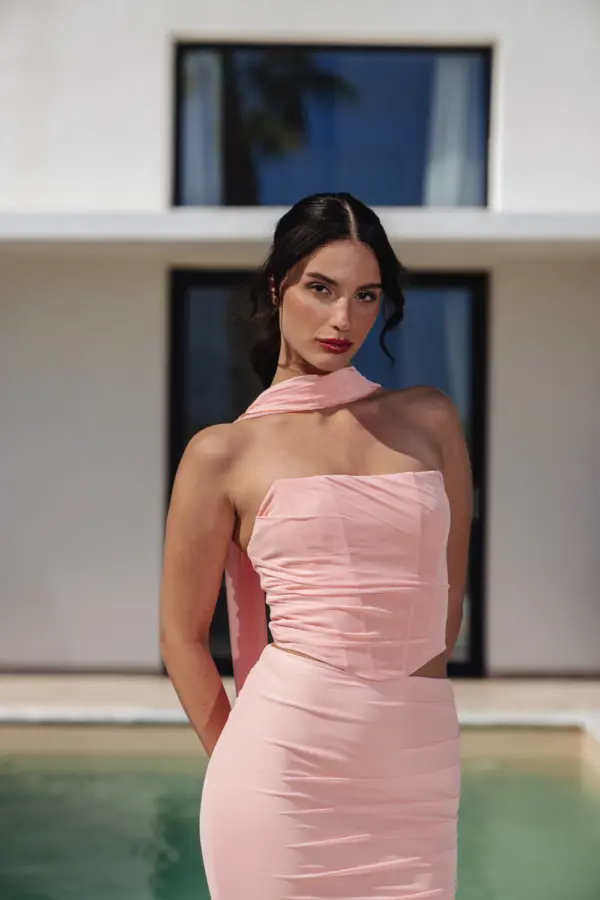 Co-Ord Set Maxi Fitted Skirt And Strapless Fitted Top With Corset Effect And Detachable Scarf- Salmon Colour - Image 3