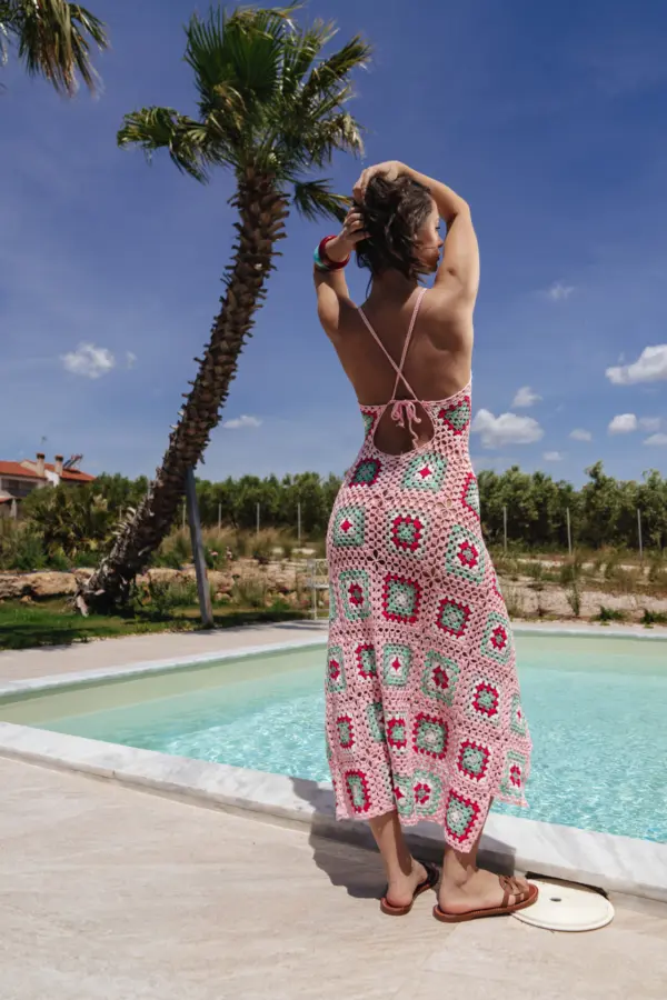 Maxi Handmade Knitted Coroful Asymmetric Dress With Straps - Image 6