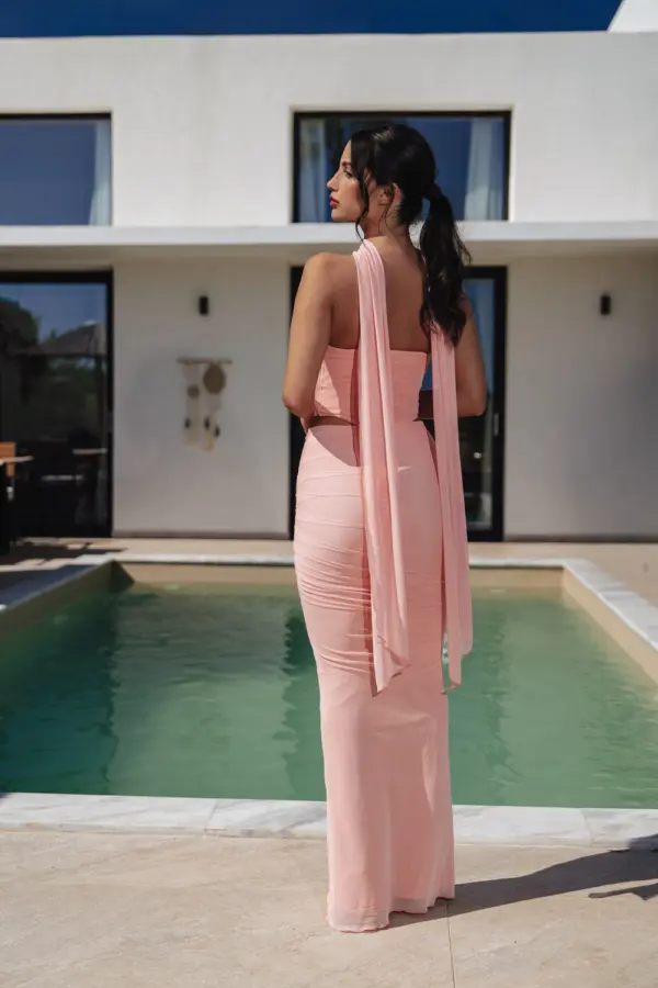 Co-Ord Set Maxi Fitted Skirt And Strapless Fitted Top With Corset Effect And Detachable Scarf- Salmon Colour - Image 5
