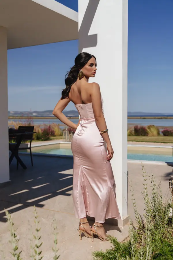 Maxi Στράπλες Φόρεμα Με 2 Υφές Και Εφέ Κορσέ- Ανοιχτό Ροζ - Image 3