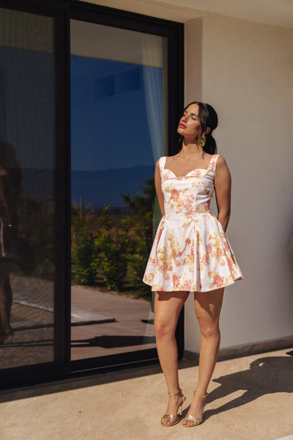 Mini Floral Dress With Wide Straps In A-Line With Tulle Inner Fabric - Image 2