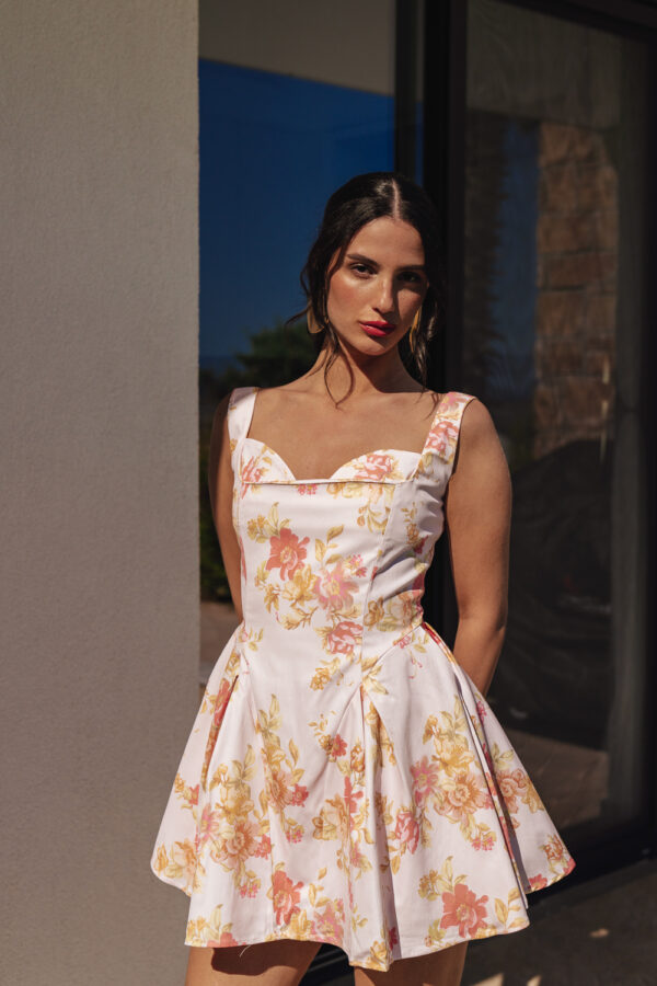 Mini Floral Dress With Wide Straps In A-Line With Tulle Inner Fabric
